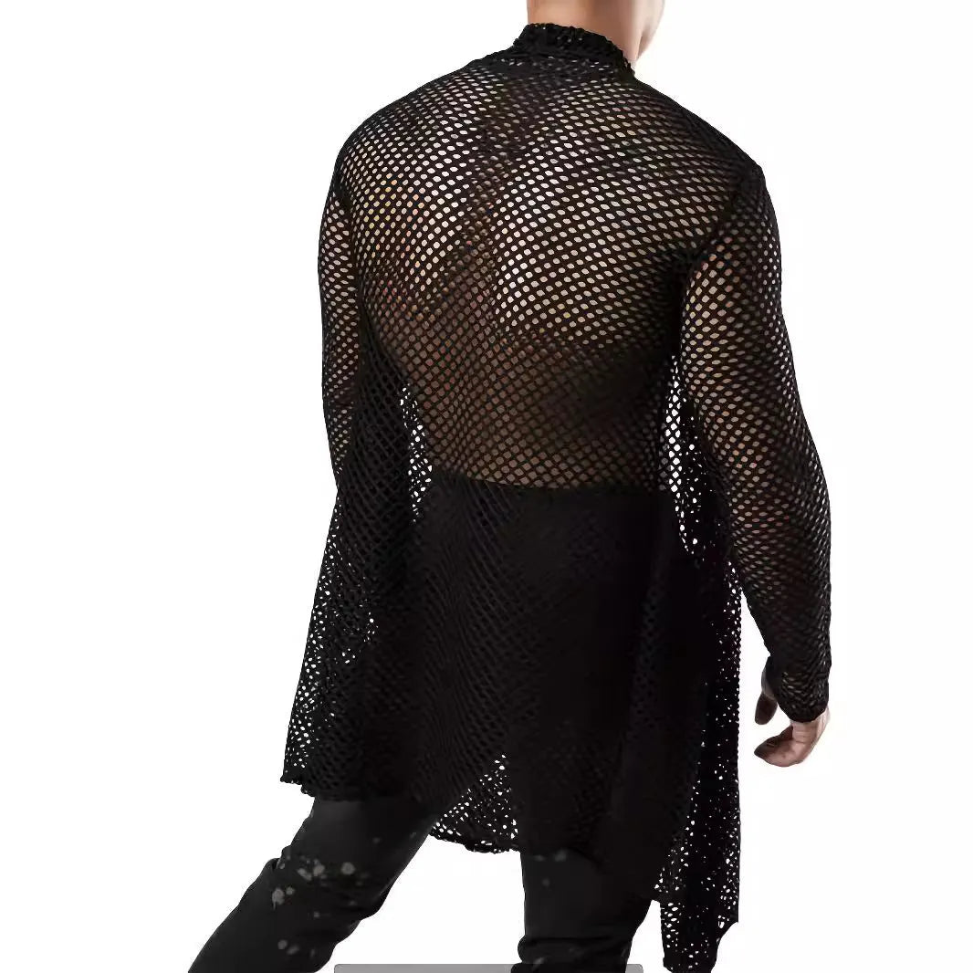 Black mens polyester cardigan with mesh see-through knit pattern and long sleeves