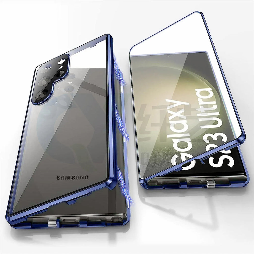 Black metal Samsung S24 Ultra phone case with a magnetic ring and a peep-proof mirror on the back.