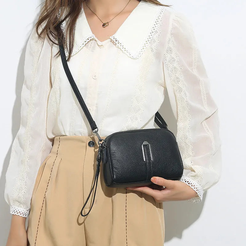 Square horizontal genuine leather women's shoulder bag in dark khaki colour.