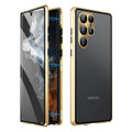 Metal magnetic phone case with integrated peep-proof mirror for Samsung Galaxy S24 Ultra in black.