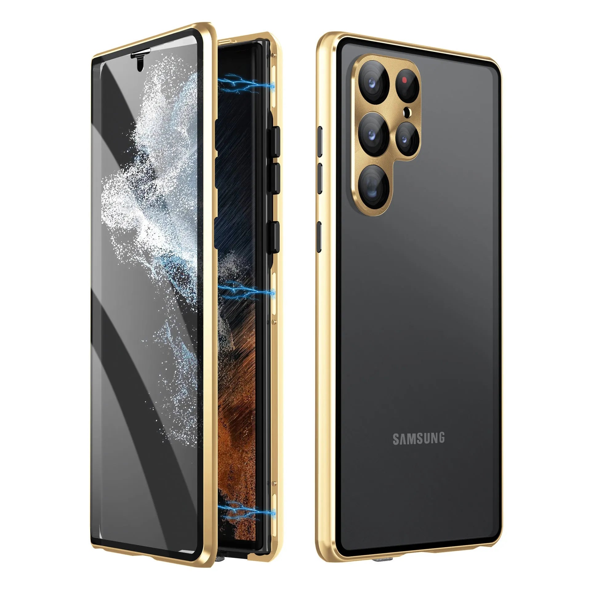 Metal magnetic phone case with integrated peep-proof mirror for Samsung Galaxy S24 Ultra in black.