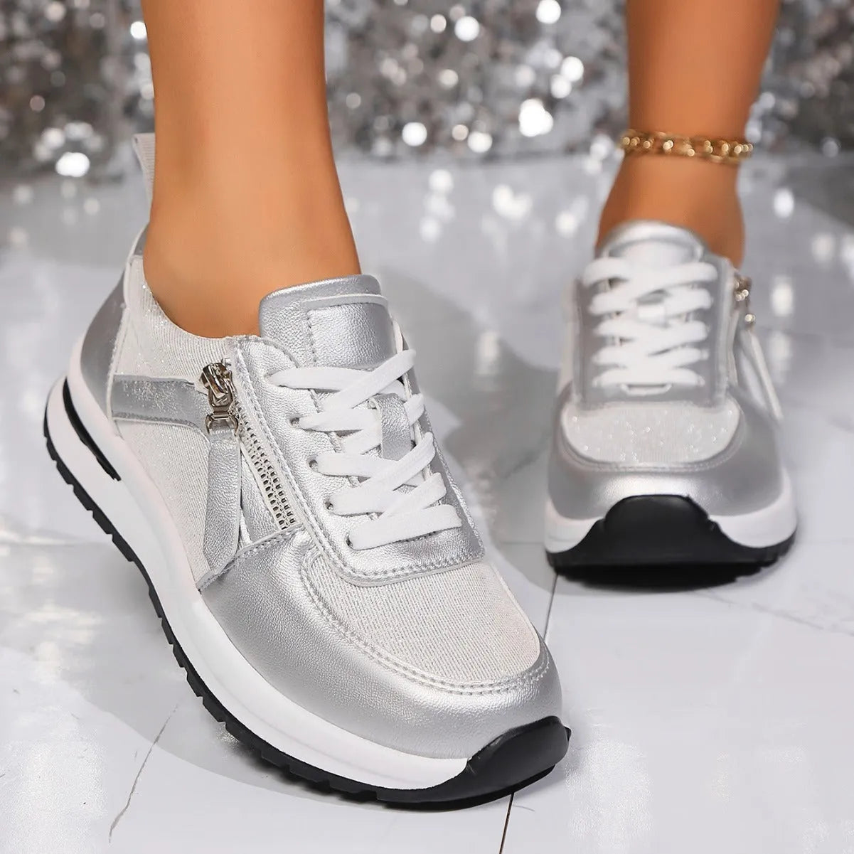 Flat bottom round head lace-up women's pumps in gold, silver, black, and brown colours
