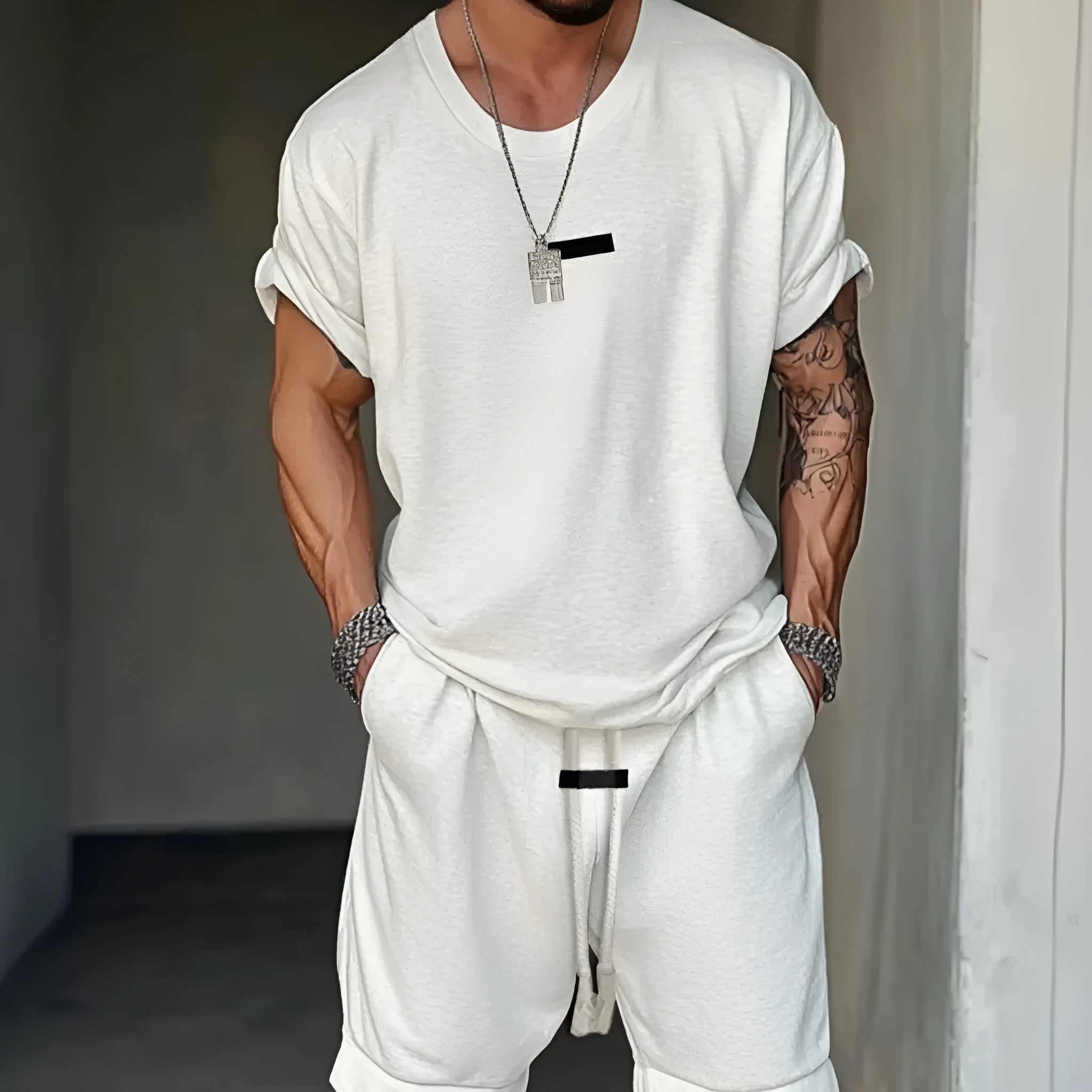 Men's mesh fabric shorts and T-shirt set with letter printing in hip hop style