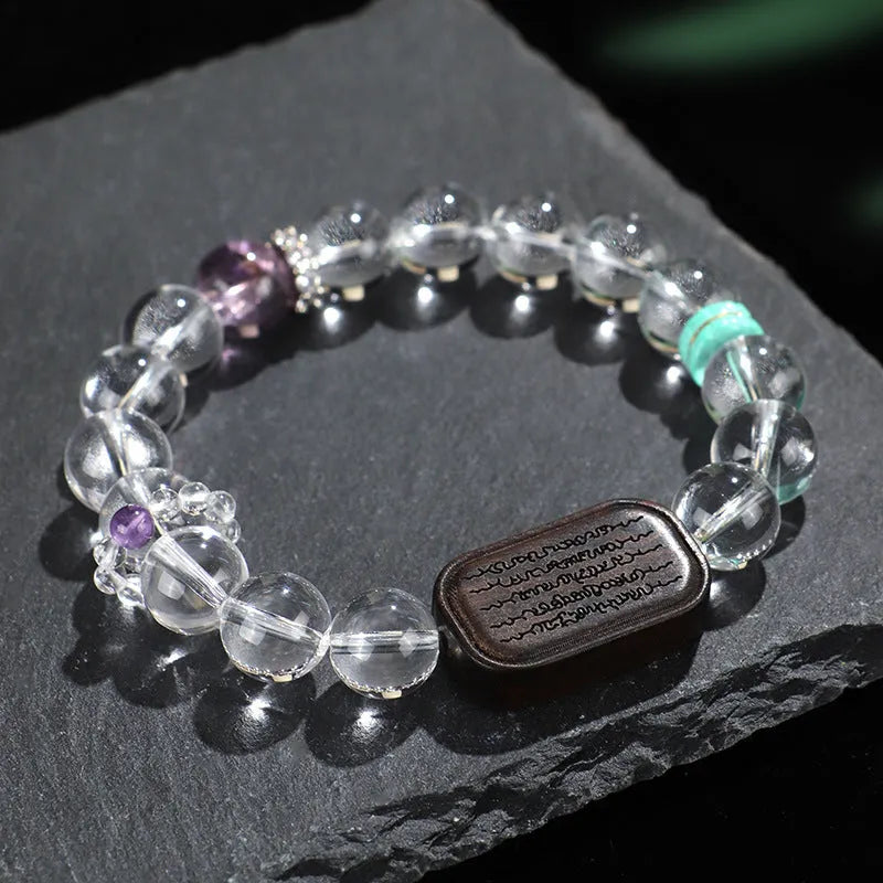 Natural white crystal ebony five warp bracelet showing handmade ethnic design with wood and crystal materials