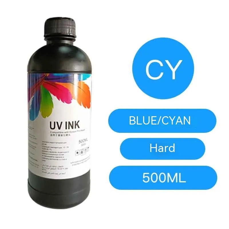 500ml bottle of Epson-compatible UV printer ink in black, cyan, magenta, yellow, light cyan, light magenta, white, and glossy colours.