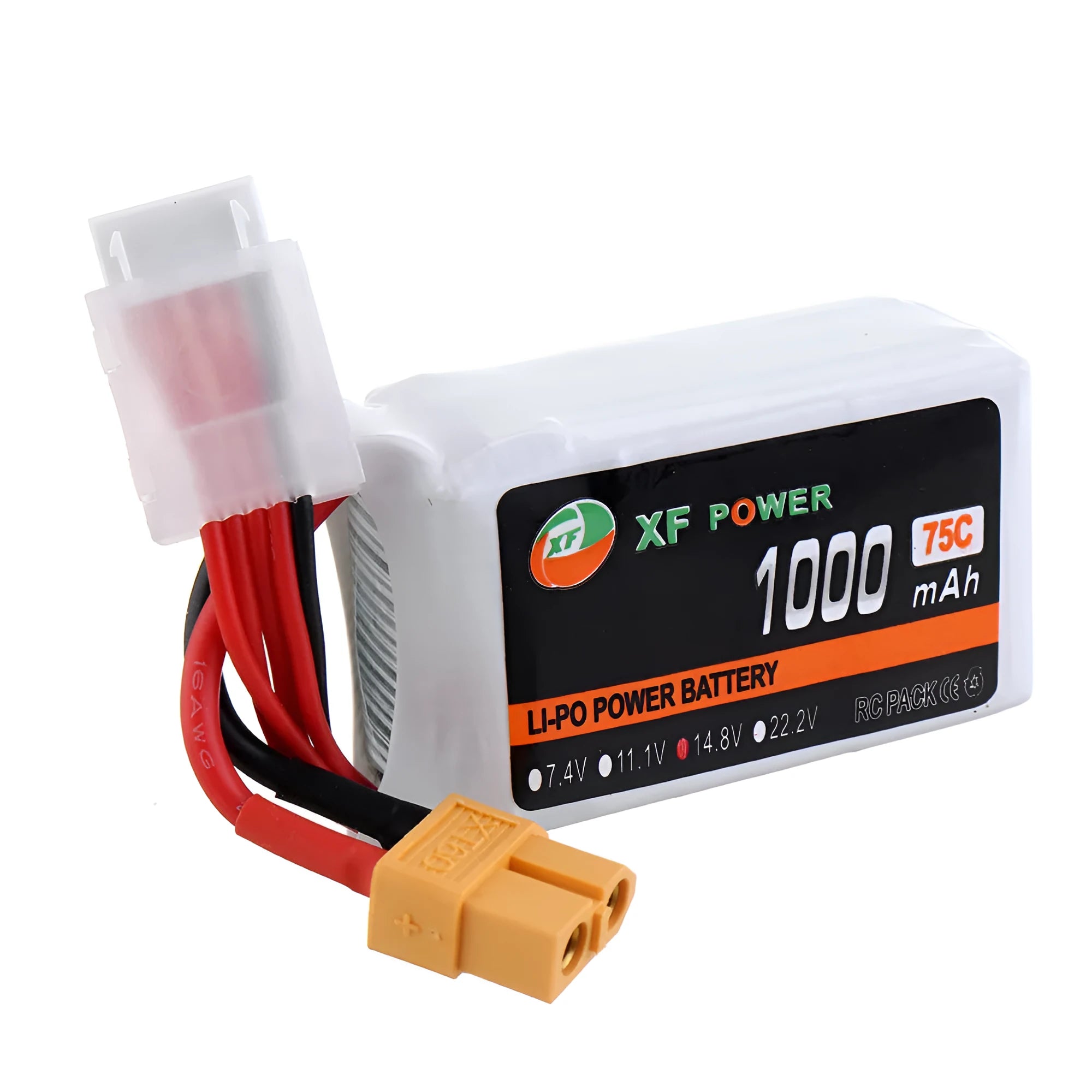 XF Power 14.8 volt 1000mAh 75C 4S graphene lithium drone battery with black XT60 connector.