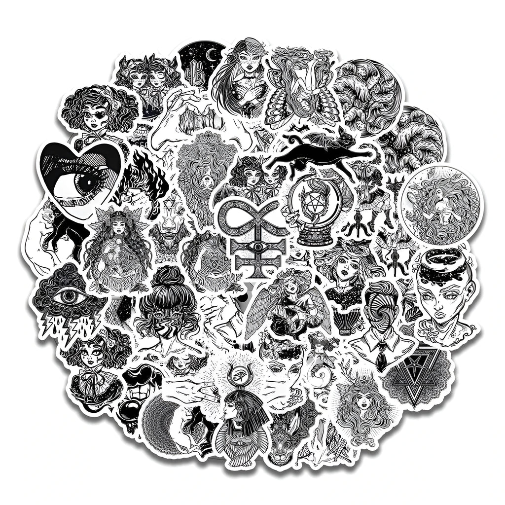 50 black and white gothic graffiti stickers on a table, showing assorted designs on a phone case and laptop