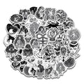 50 black and white gothic graffiti stickers on a table, showing assorted designs on a phone case and laptop