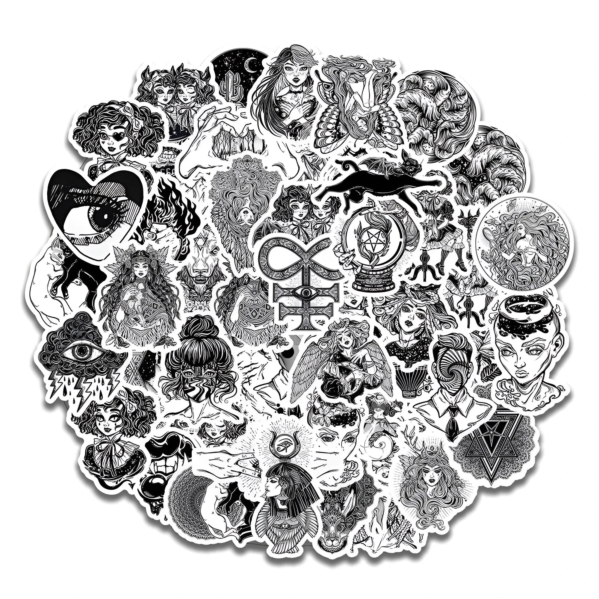 50 black and white gothic graffiti stickers on a table, showing assorted designs on a phone case and laptop