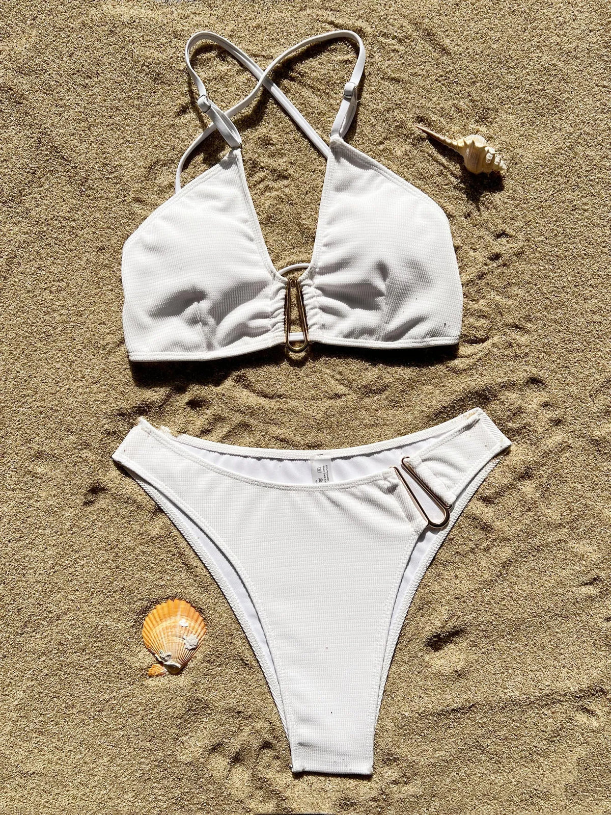 Solid colour bikini swimsuit in white with spandex lining, women's two-piece brief style for swimming