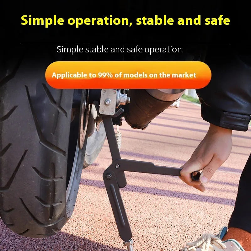 Universal steel motorcycle lifting stand for front and back wheel repair, single and double arm frame compatible, black finish