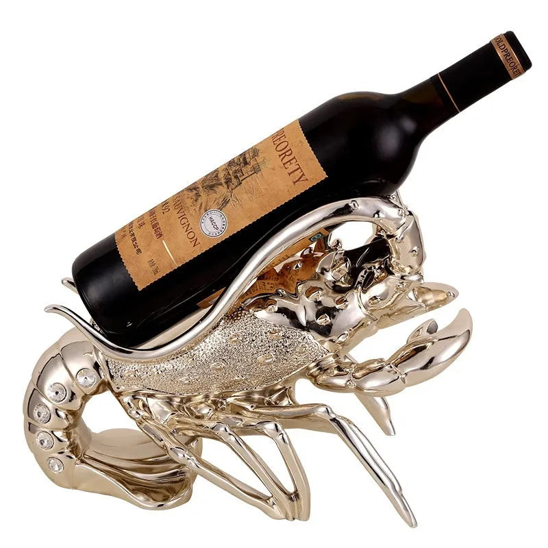 Lobster-shaped wine rack ornament in rose gold or silver holding wine bottle