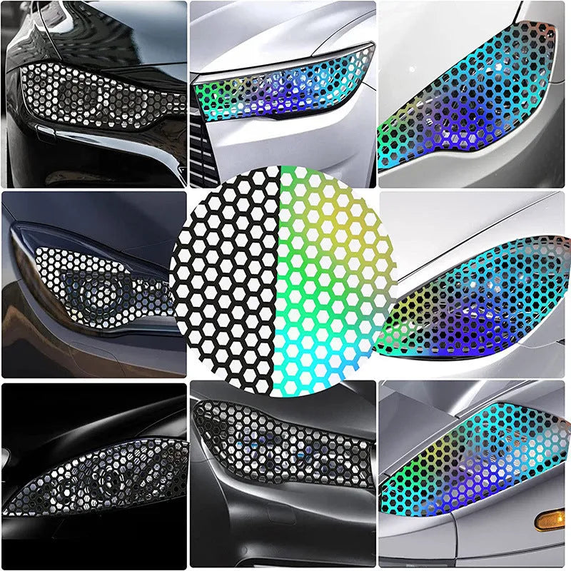 Honeycomb pattern car taillight sticker measuring 48x30cm in black, carbon fibre black, and colourful options