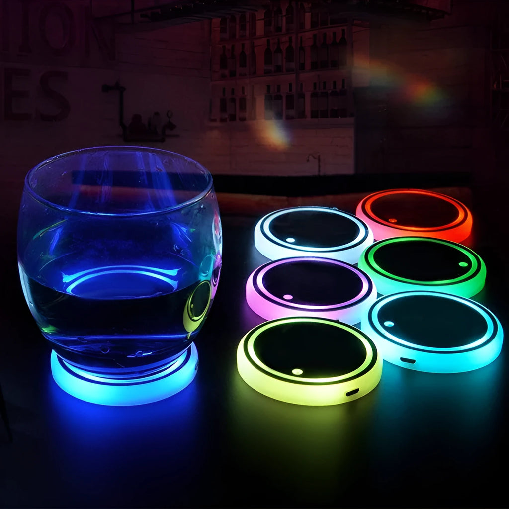 Colourful LED light-up coaster for car cup holder with 7 changeable colours and USB cable.