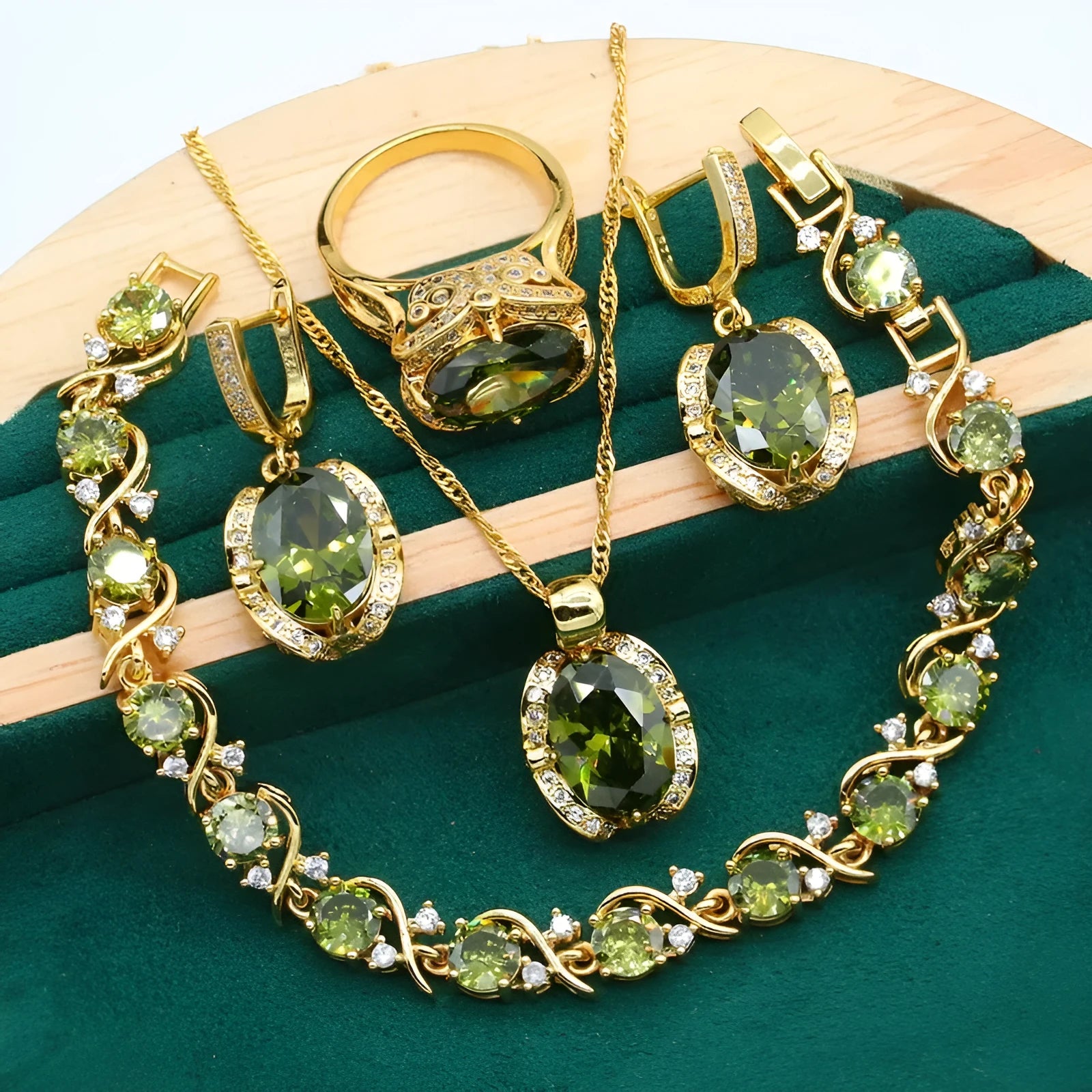 Women's zircon jewellery set with rhinestone decoration on snake bones chain in olive green colour