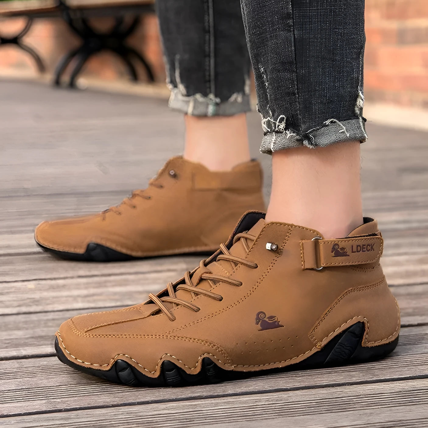 Men's khaki high-top ankle boots with a microfiber upper and rubber sole on a white background.