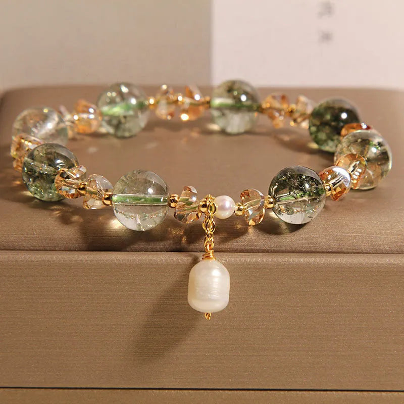 Green phantom quartz and chorite crystal women's bracelet with champagne gravel accents