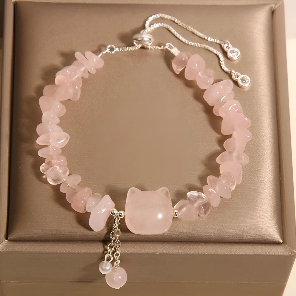 Women's crystal gravel bracelet with kitten charm in pink or agate colour.