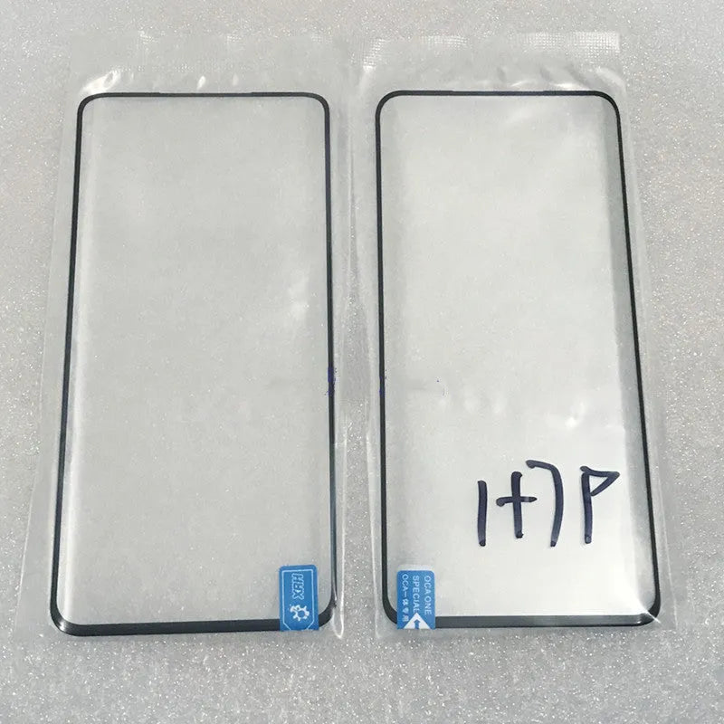 OnePlus 7 Pro replacement touch screen glass with OCA adhesive showing logo positioning markers