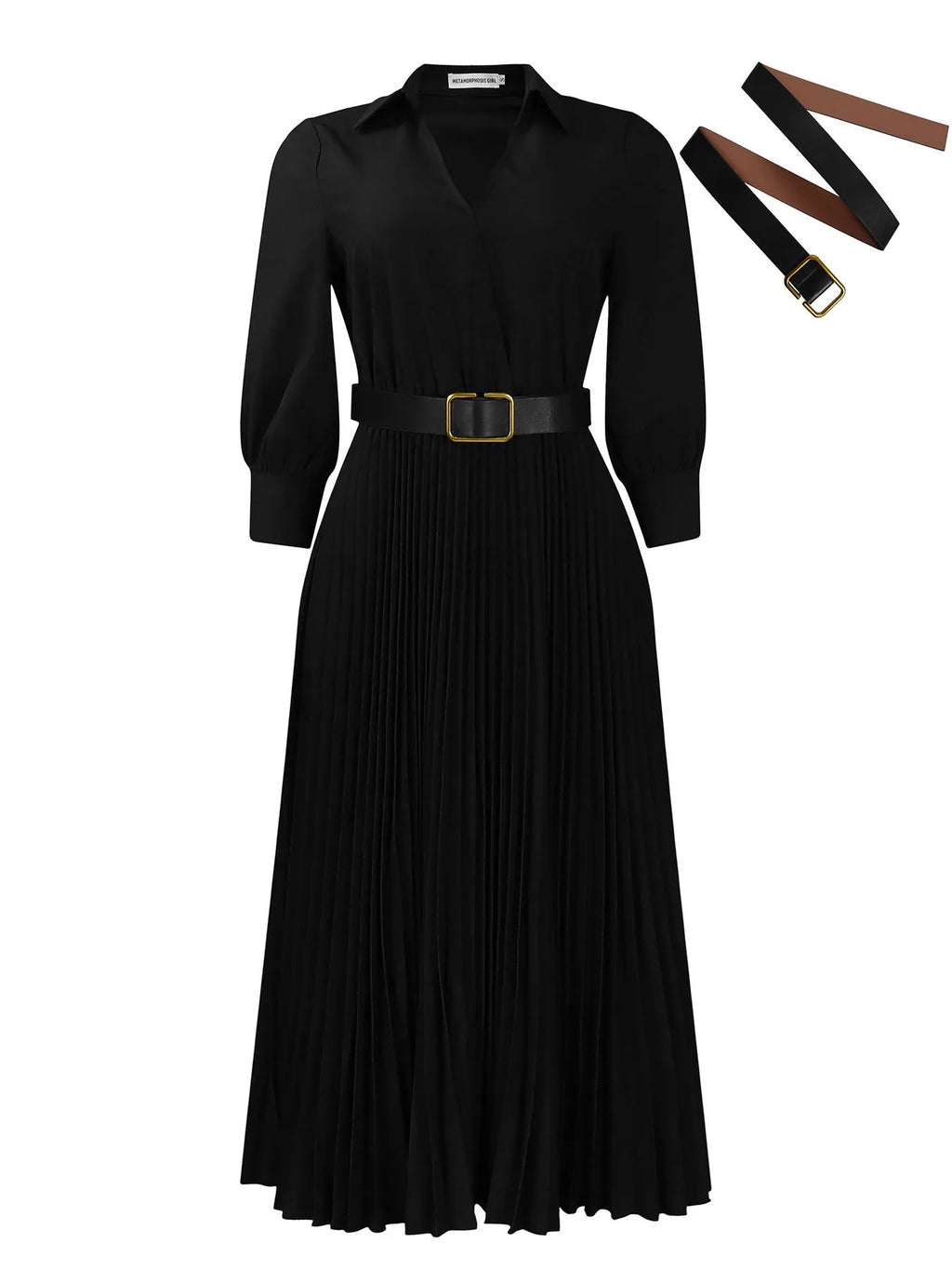 Mid-length solid colour pleated dress with 3/4 sleeves and an attached belt.