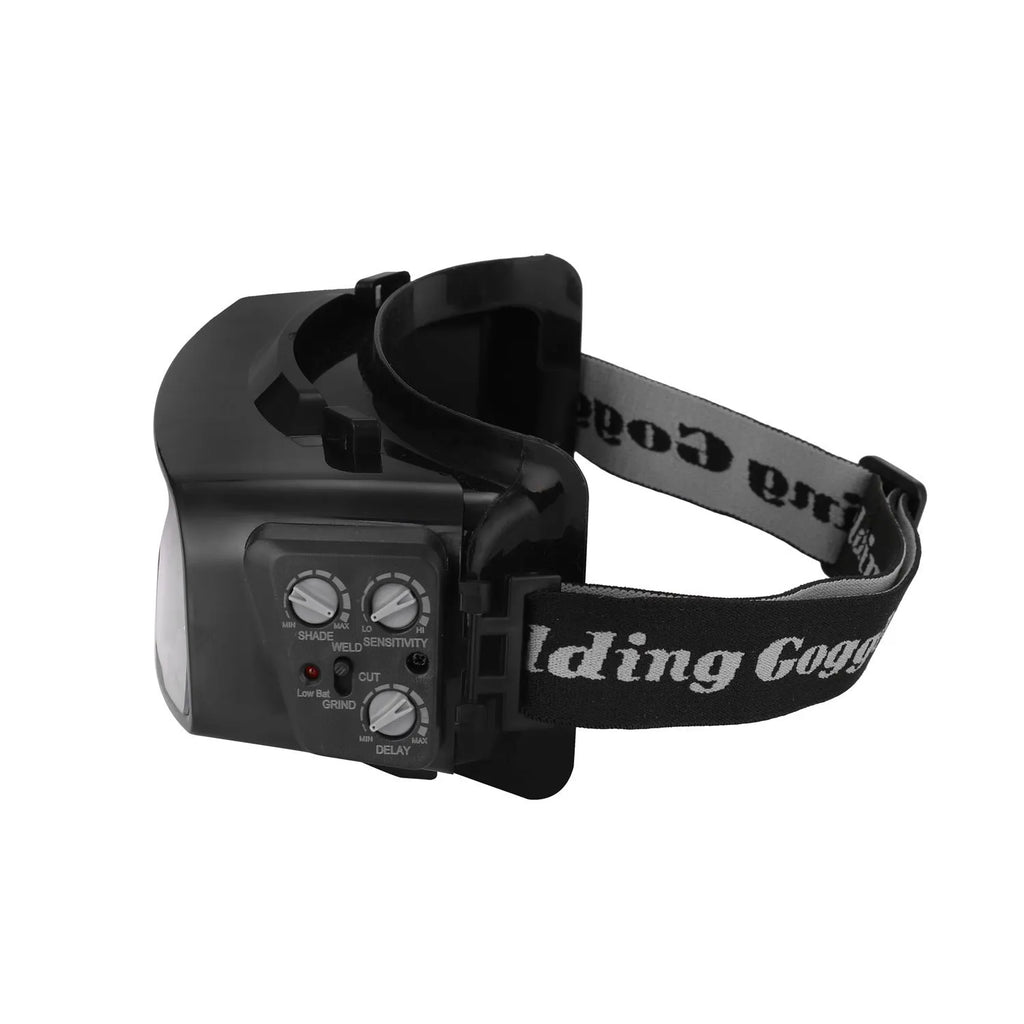 Black automatic darkening welding mask glasses with large rectangular lens for arc welding protection.