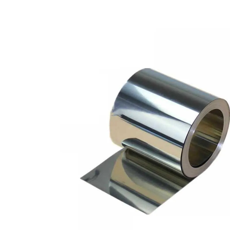 Close-up of a rolled 304 stainless steel metal strip with a leather item, showing its metallic finish and dimensions.