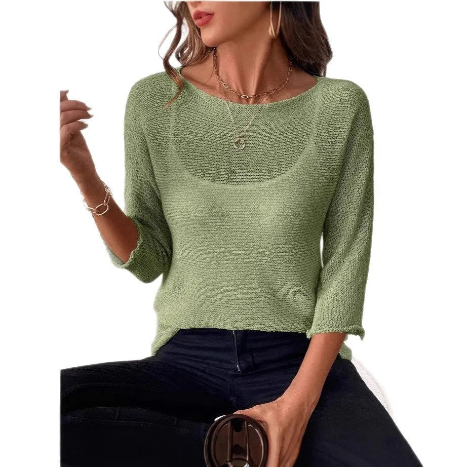 Women's thin knitted off-shoulder overall with 3D pattern and three-quarter sleeves in light blue