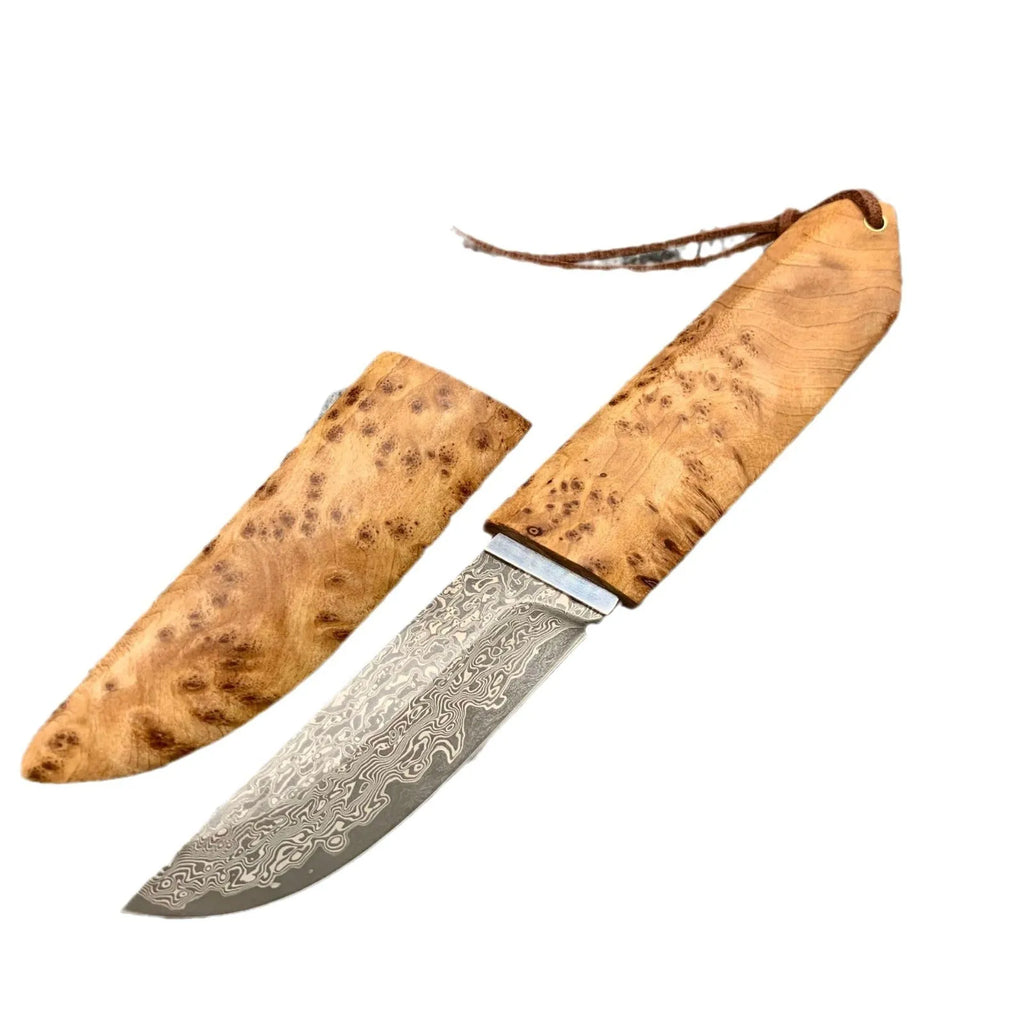 White Shadow Damascus pattern steel short knife with Thuja wood handle for outdoor camping