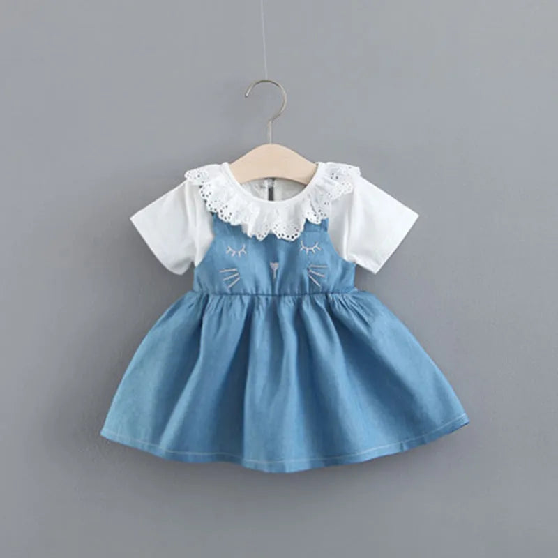 Summer solid blue cotton princess dress for girls with rabbit ears and denim fake two-piece design