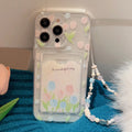 Transparent TPU phone case with tulip flower design and card holder slot for Apple iPhone