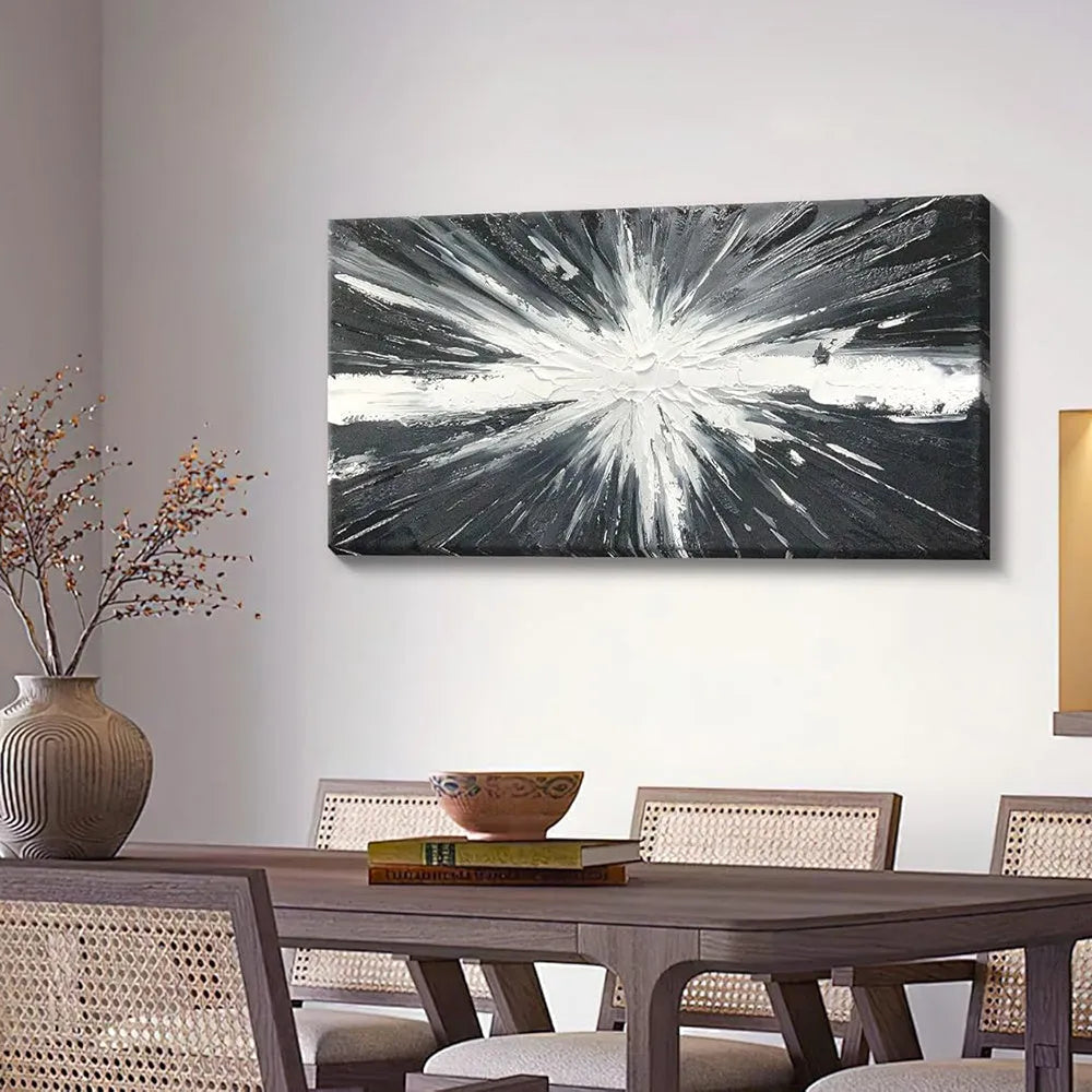 Modern horizontal hand-painted abstract oil painting on canvas in black and white texture for living room decor