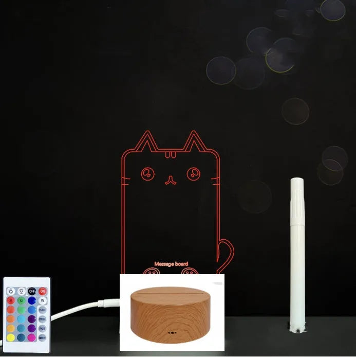 3D acrylic LED message board with touch control, black ABS base, USB cable, and stylus pen on desk