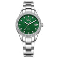 Silver stainless steel fashion watch with diamond-encrusted dial and luminous hands.