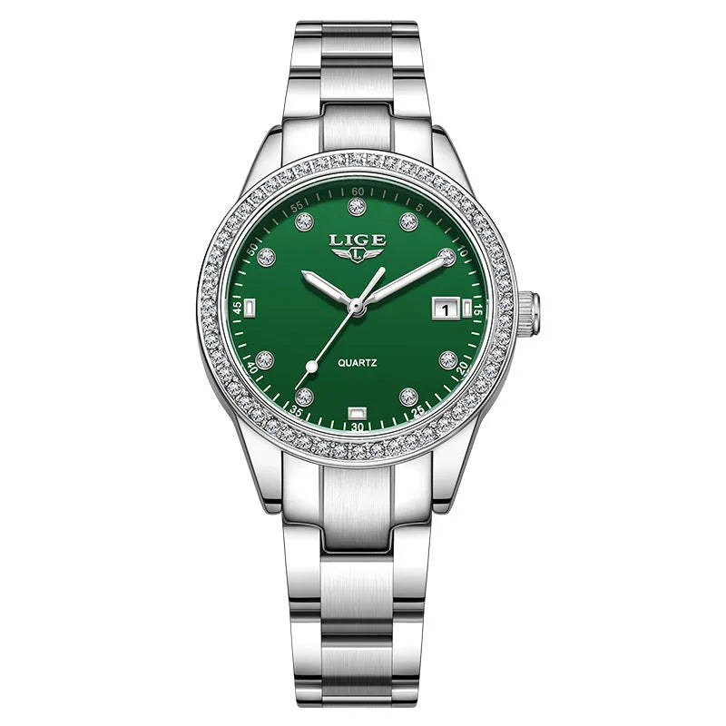 Silver stainless steel fashion watch with diamond-encrusted dial and luminous hands.