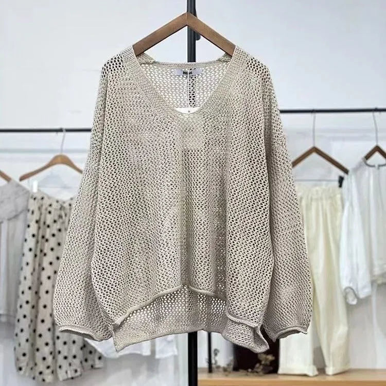 Loose spring summer polyester mesh top with princess sleeves in apricot white colour