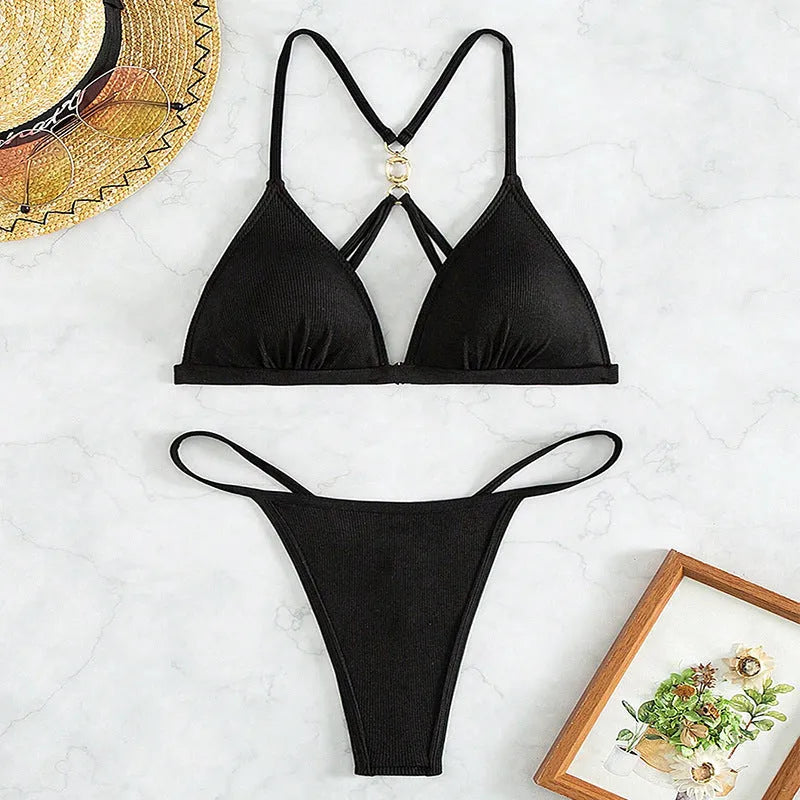Black women's hollow backless bikini with triangle cups and adjustable ties