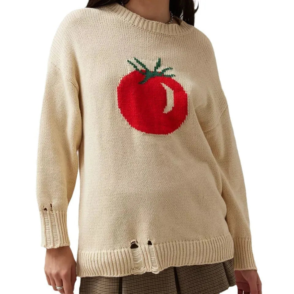 Women's milky white beige acrylic jacquard pullover sweater with round neck and long sleeves