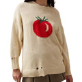 Women's milky white beige acrylic jacquard pullover sweater with round neck and long sleeves