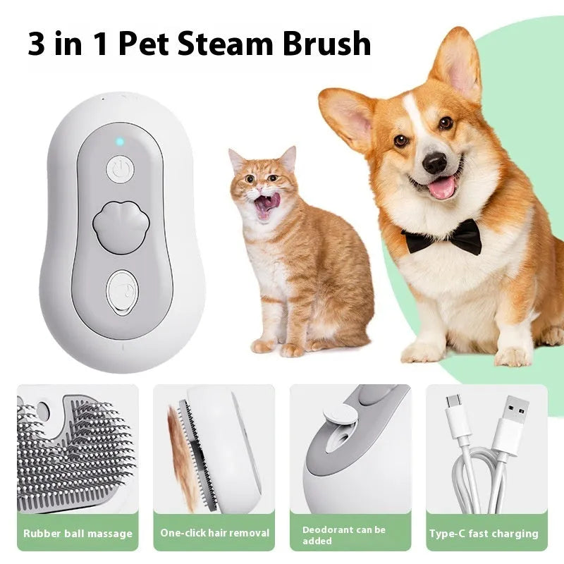 Cordless cat grooming massage comb in beige yellow, blue, grey, or orange colours with silicone teeth.
