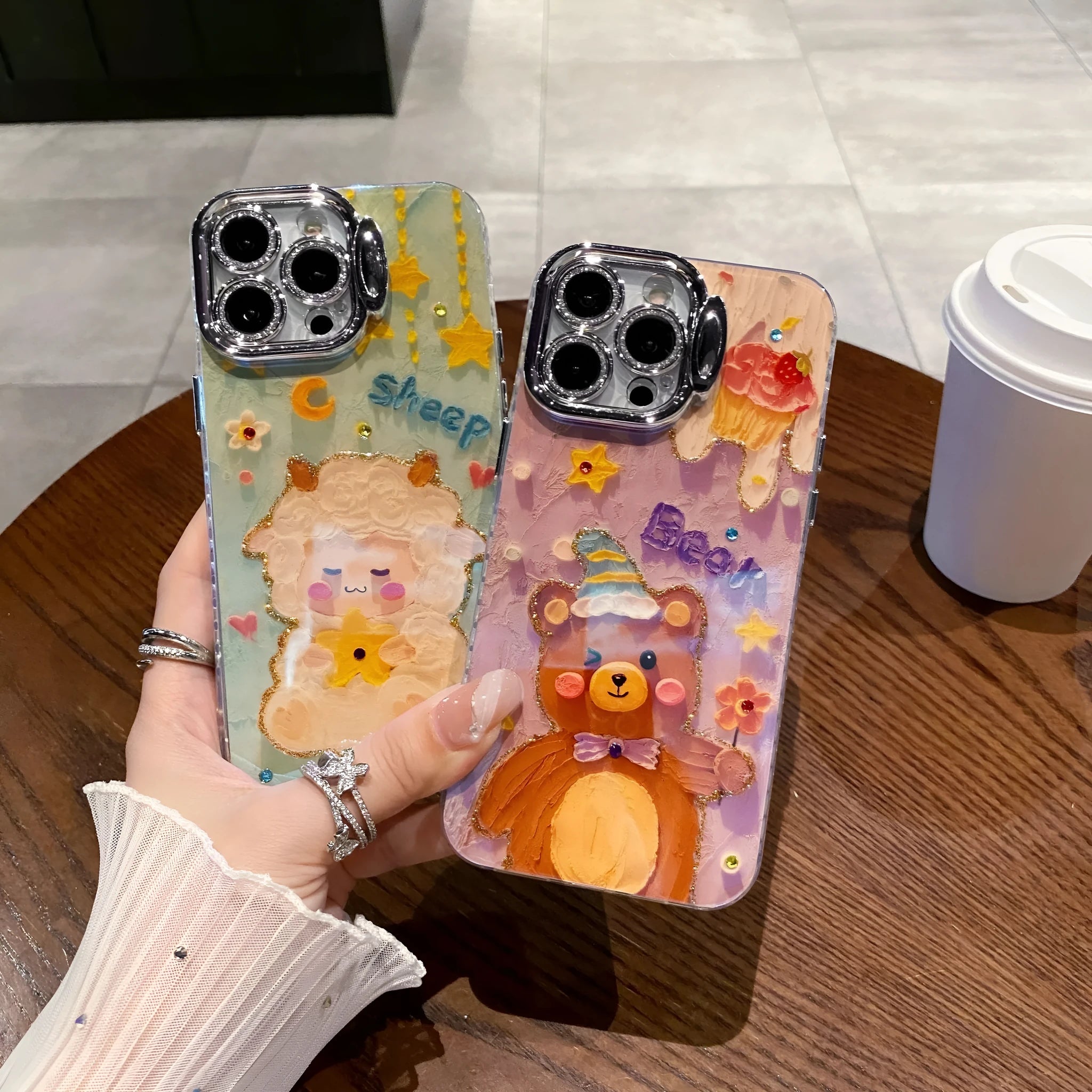 Blue light epoxy cartoon bear silicone phone case with frosted finish for iPhone, multi-colour option shown