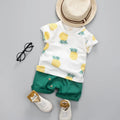 Summer kids cotton short-sleeved T-shirt and shorts two-piece set in pineapple yellow and green