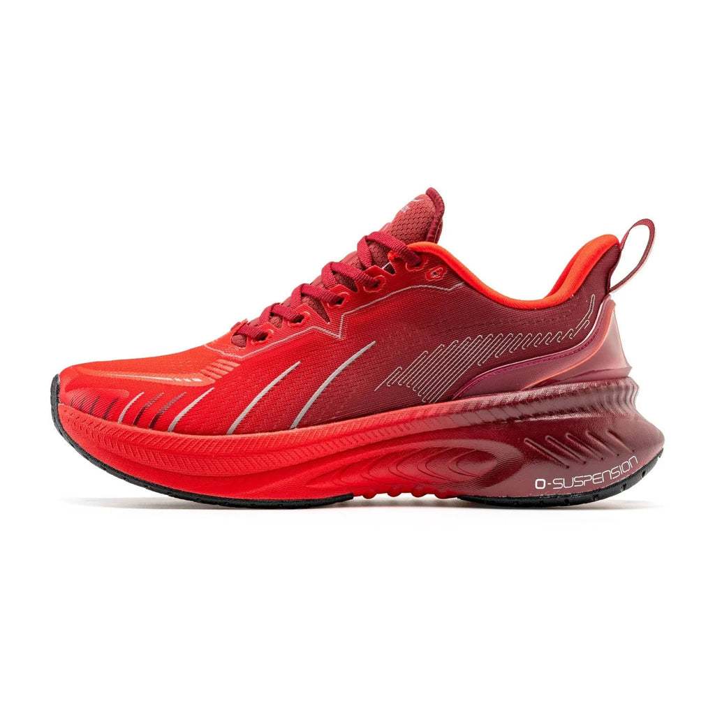 Low-top running sneakers in red with shock absorption features and a breathable mesh upper.
