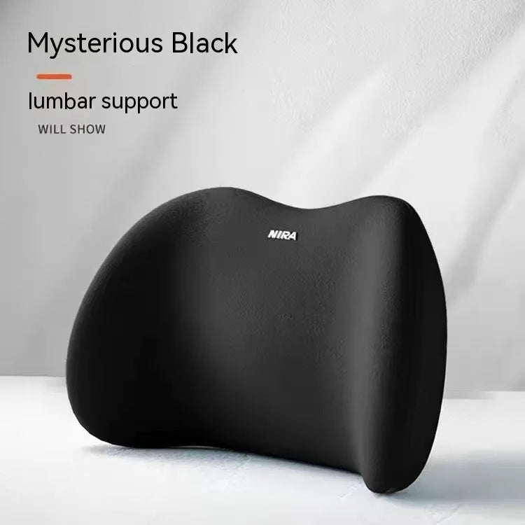 Black memory foam car headrest pillow and matching lumbar support pillow on a car seat.