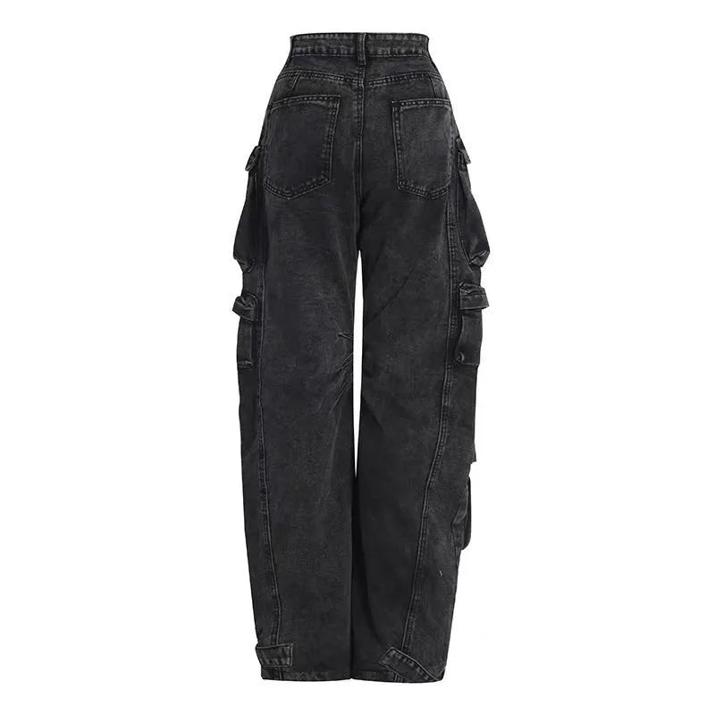 Women's high waist wide leg tie-dyed jeans with multi-pocket street hipster styling in cotton denim