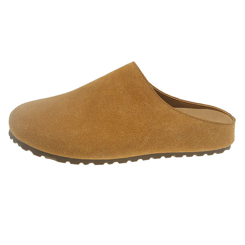 Boken Korean-style flat outdoor slippers in apricot, slip-on design with square toe and microfiber upper.