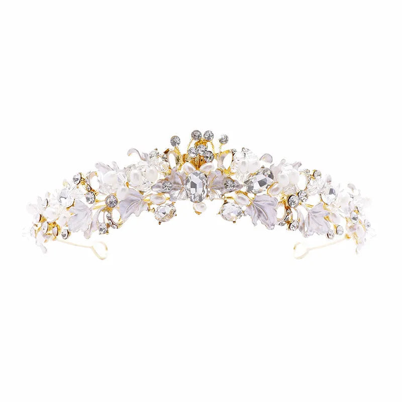 Gold or silver electroplated alloy pearl crown headdress for women's formal hair accessories