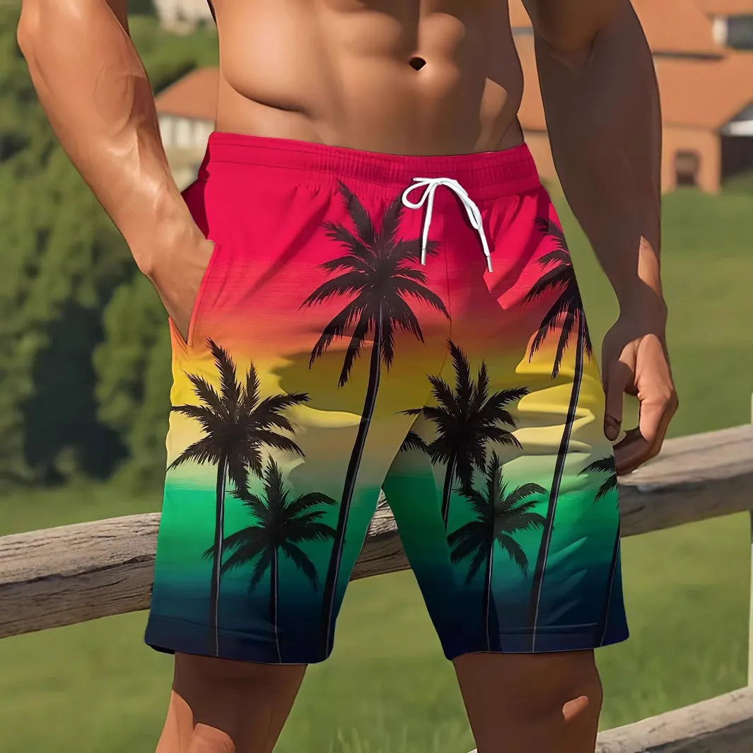 Men's quick-dry polyester swimming trunks in a blue colour, showing elastic waistband and pocket detail.