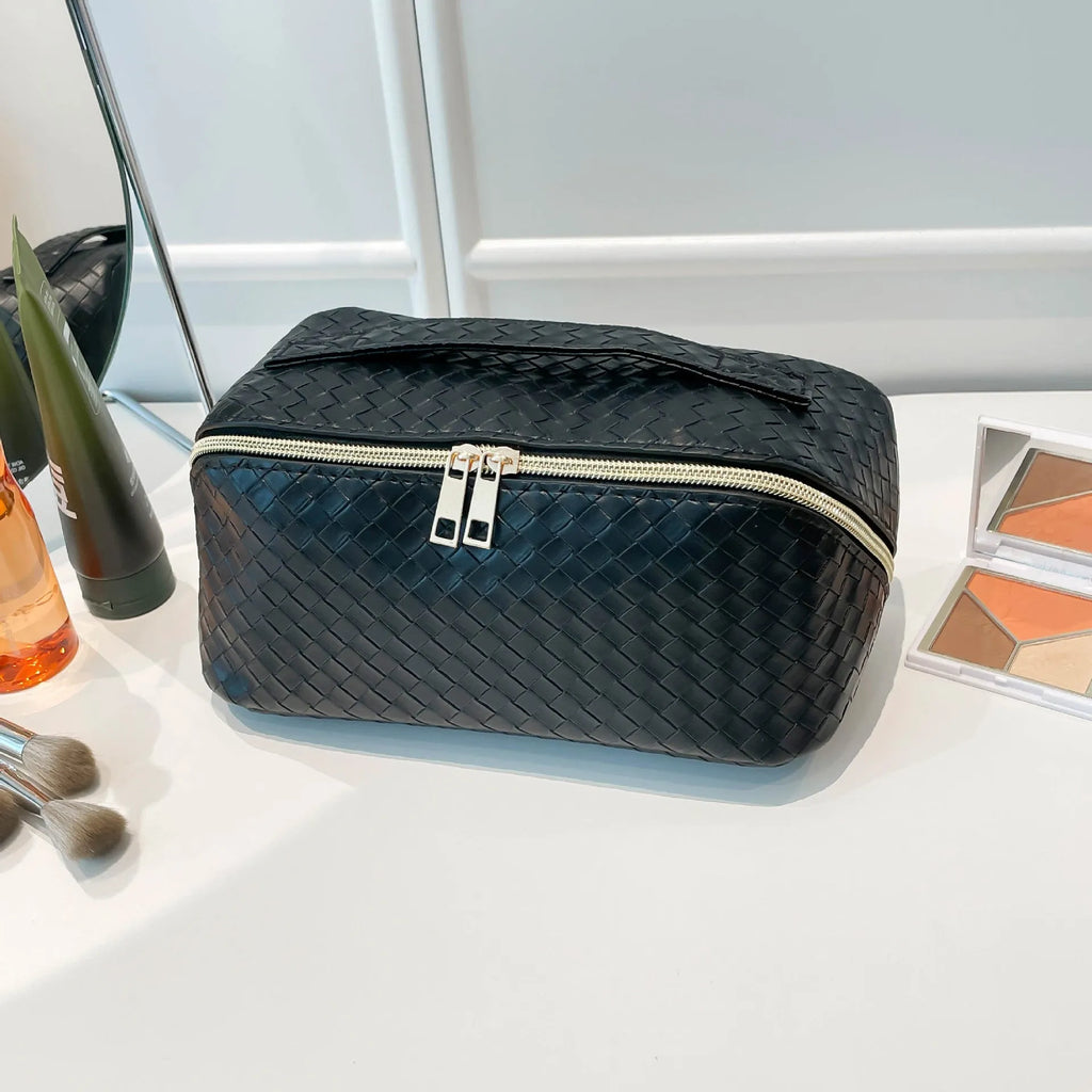 Waterproof large capacity PU storage bag for cosmetics in black, white, pink, green, and purple