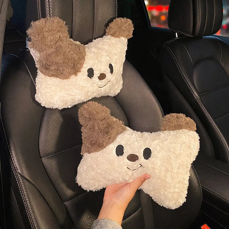 Car seat headrest and lumbar support pillow set in cartoon style with plush fabric
