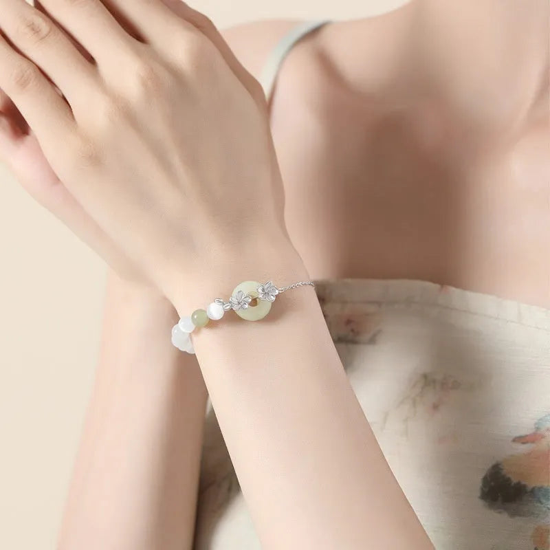Pure silver peach blossom safety buckle bracelet in new Chinese style for women